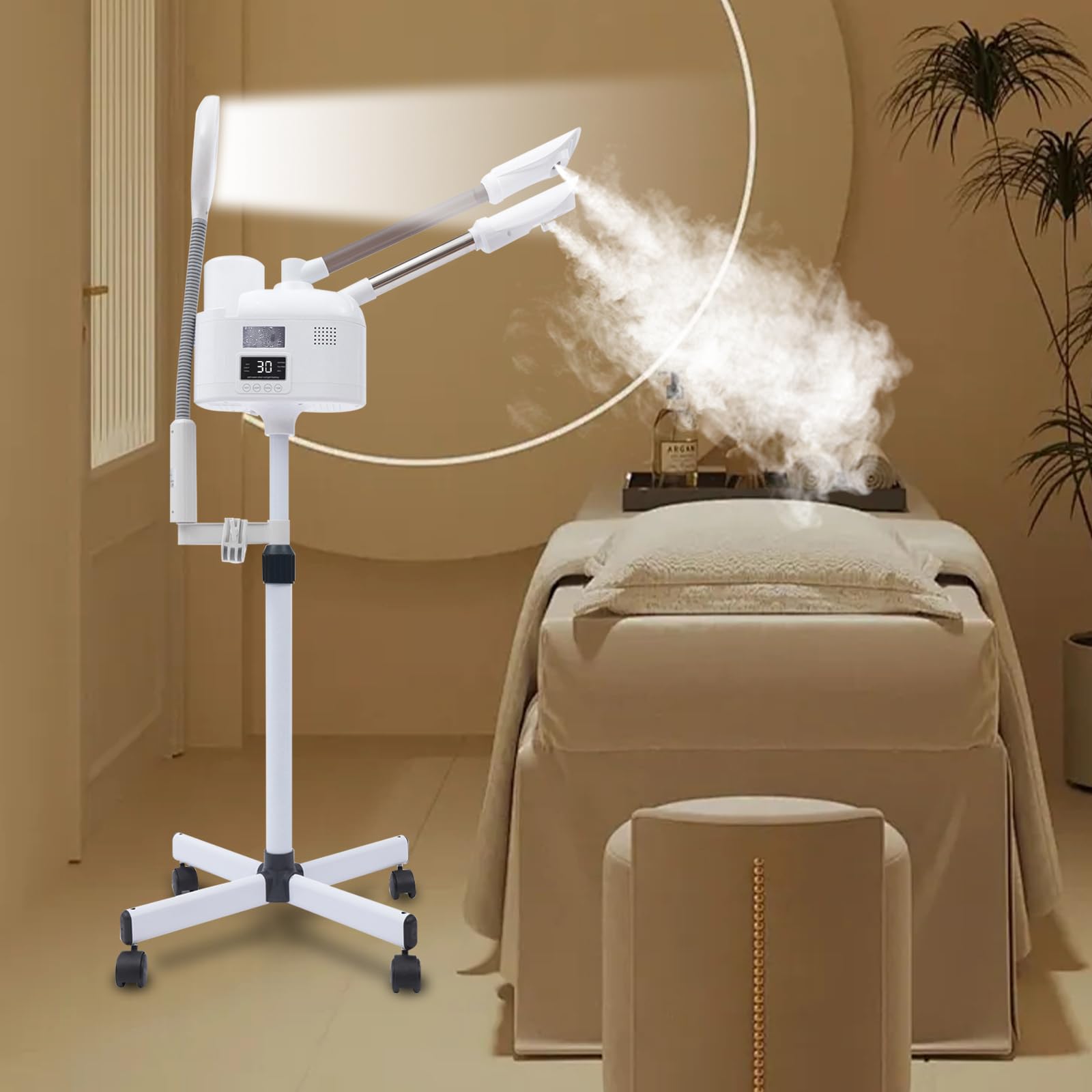 Vapozone estética profesional - Vapor facial y limpiador vaporizador - Pantalla táctil inteligente con LED y lupa - Ajustable en altura y ángulo - Para salones de belleza, estudios y hogar