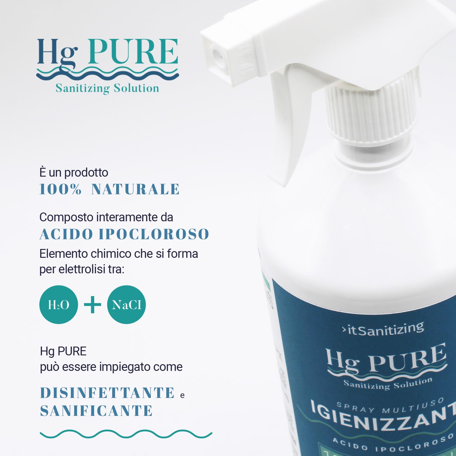 Hg PURE, Spray Igienizzante Multiuso, Acido Ipocloroso, Rimuove Virus e Batteri, Per Mani, Alimenti, Superfici, Naturale, Ipoallergenico, Eco-friendly, No alcool (2)