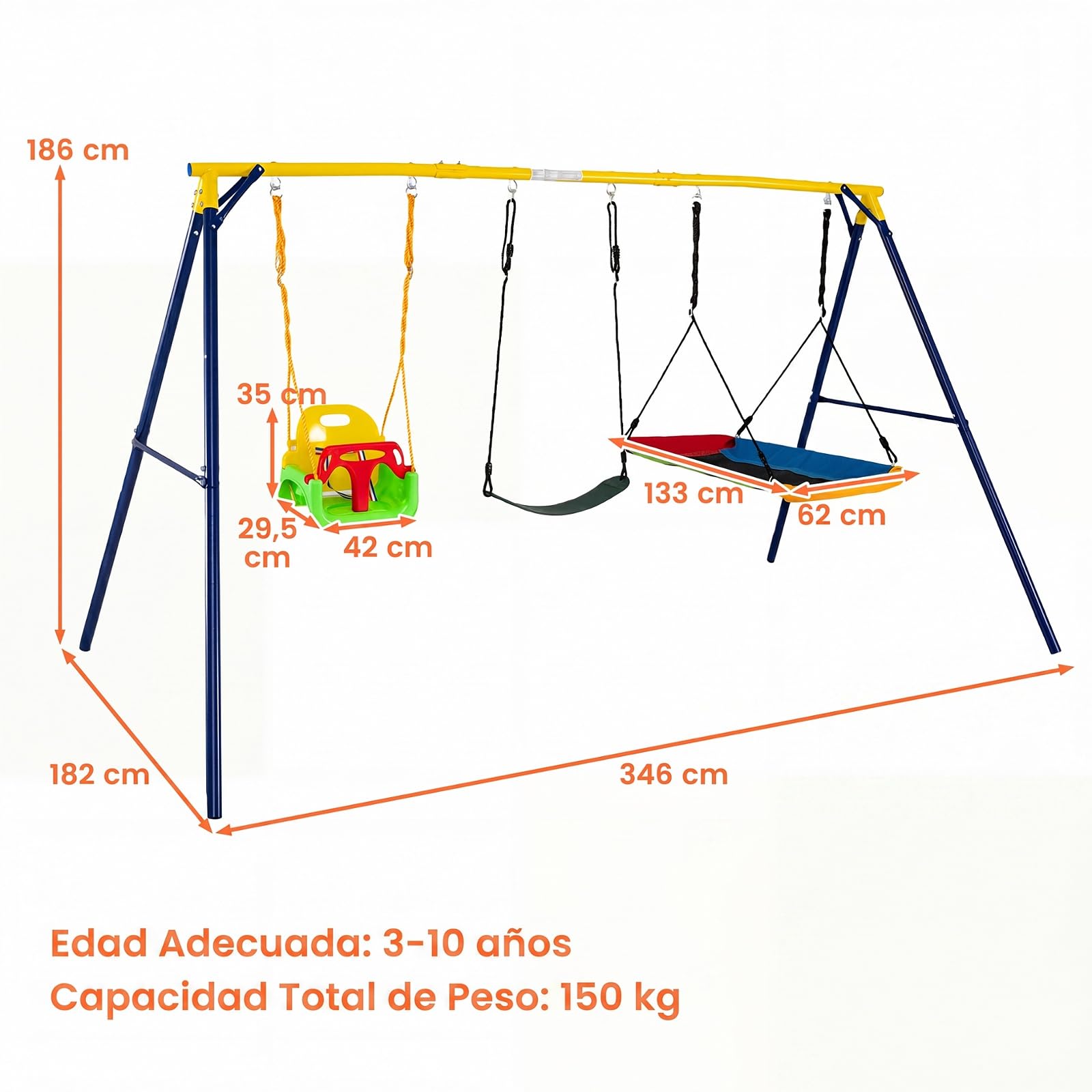 COSTWAY Columpio Jardín Exterior, Juego 3 en 1 de Columpio Infantil, Estructura De Metal, Columpio con Cinturón/Plataforma, 1 Asiento De Columpio Ajustable, 350 x 182 x 195 cm, Carga 300kg (3 en 1-2)