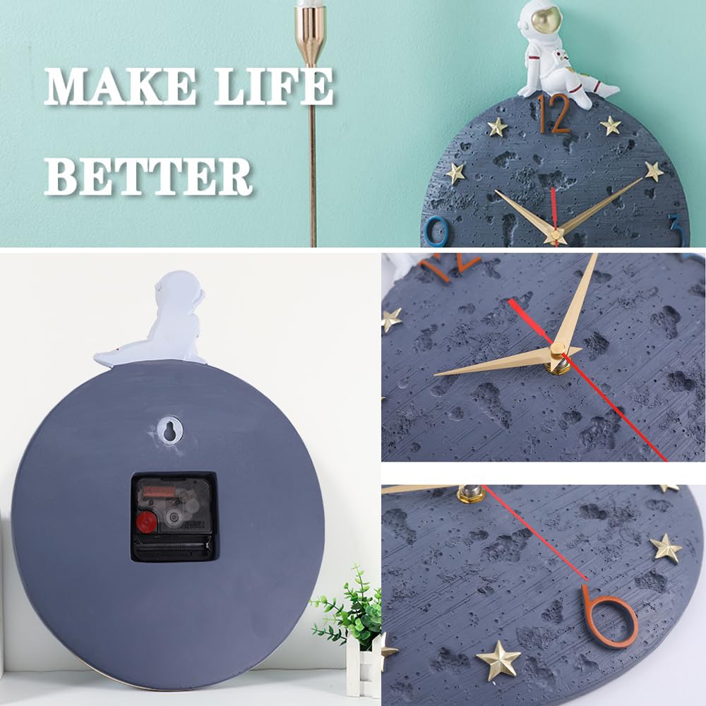 Azonee Space Theme Wall Clock, Astronaut Moon Wall Clock, Arabic Numerial Clock, 12 Inch Grey Modern Silent Clock, Creative Simple Silent Clock Resin Crafts, for Kitchen Living Room Dining Room
