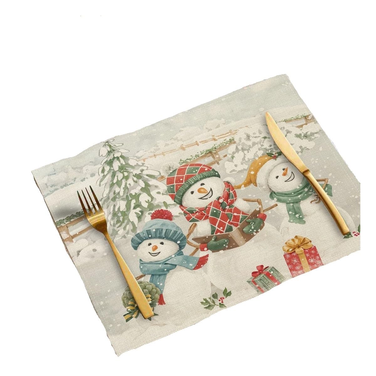 4Pcs Winter Christmas Placemats 45x30cm Elk Snowman Print Place Mats Linen Non Slip Heat Resistant Decoration Dining Table(BJT-250720000504,8Pcs-30X45cm(12X18in)