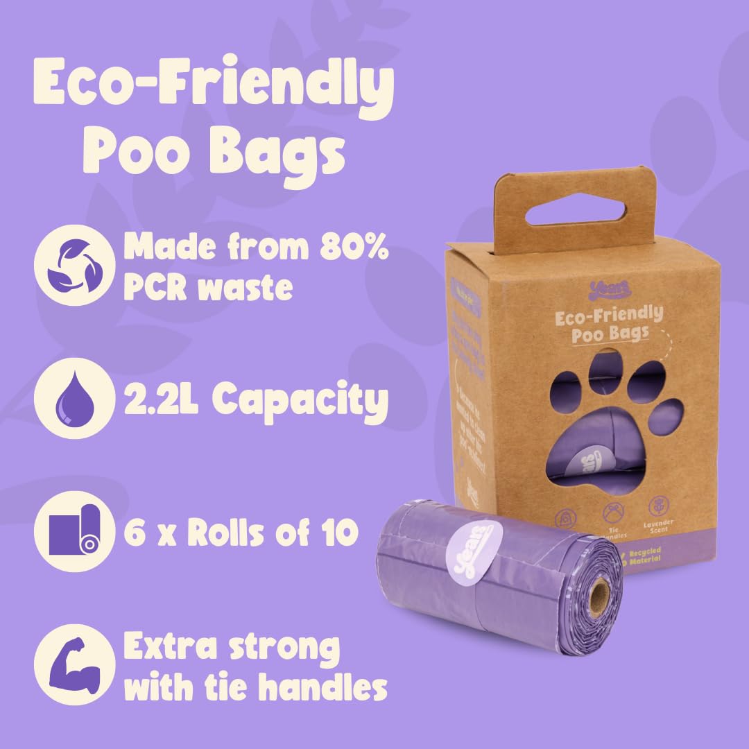 YEARS Dog Poo Bags 60 Count Extra Strong Eco-Friendly Thick Leak Proof Dog Poop Bags Rolls with Tie Handles Made from 80% Recycled Plastic Lavender Scented Dog Poop Bag (60) - Image 3