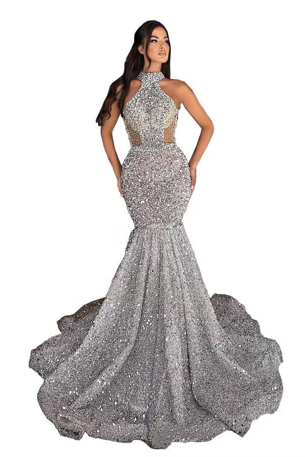 Evening Gowns Sequin Prom Dresses Long Beaded Sparkly Halter Sexy Sheer Sheath Mermaid Formal Party...