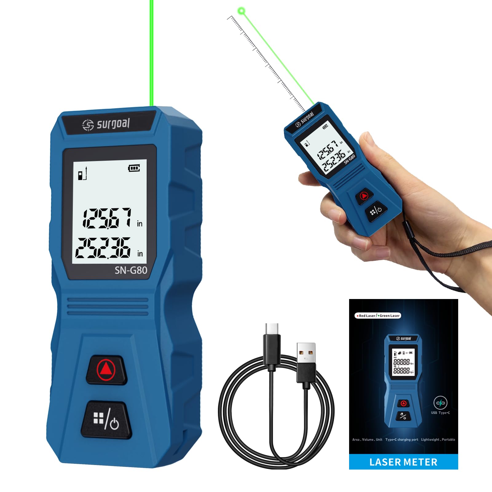 Mini Green Laser Distance Meter 262Ft – Rechargeable Digital Measuring Tool with USB Type-C, Area/Volume Modes, Max/Min, ±3mm Accuracy, Pocket-Sized Compact Design