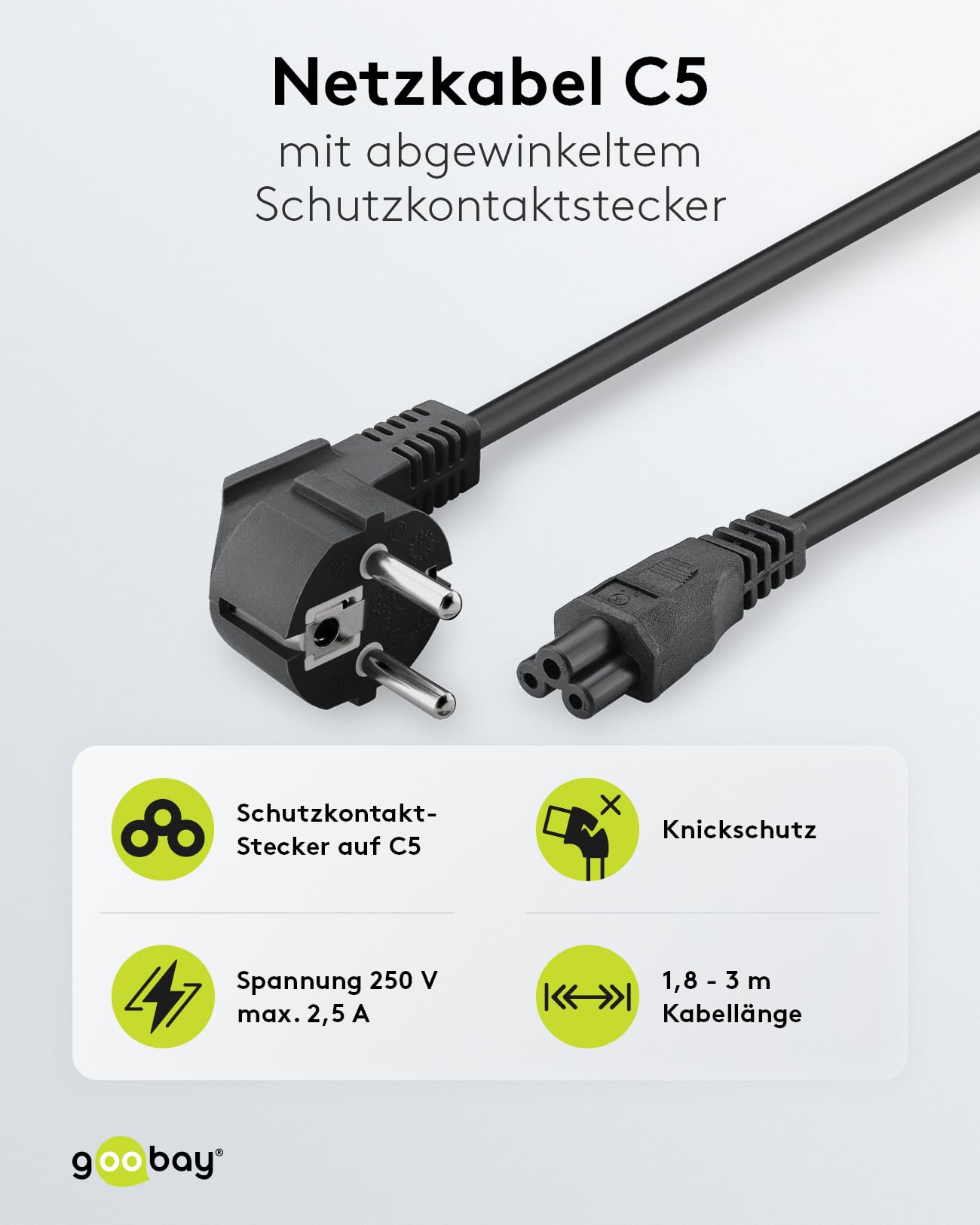 Power cable 3 m, black, black, plug (Typ F, CEE 7/7) > Geraetebuchse C5 3.0 m 44877
