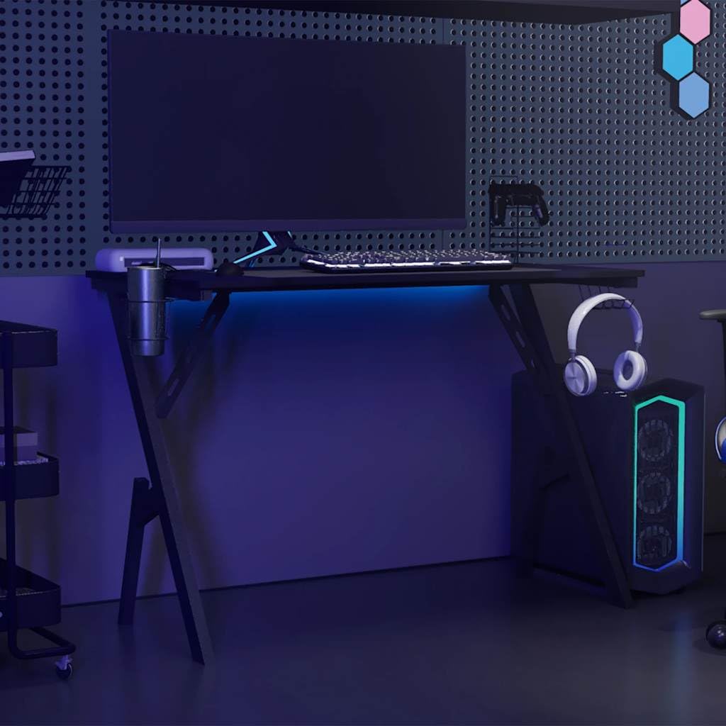 Scrivania da Gaming Nera 110x60x75 cm con Gambe a Y per PC | Tavolo ergonomico per camera o studio con portabicchieri, gancio per cuffie e supporto per controller inclusi.