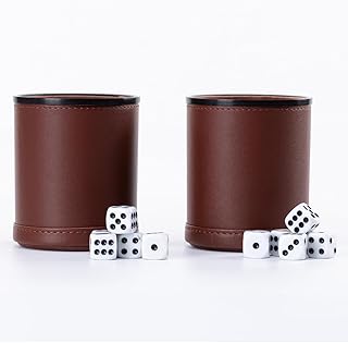 Juego de 2 dados cilíndricos de cuero con esquinas redondeadas, color marrón, con 5 dados, 9,5 x 8 cm