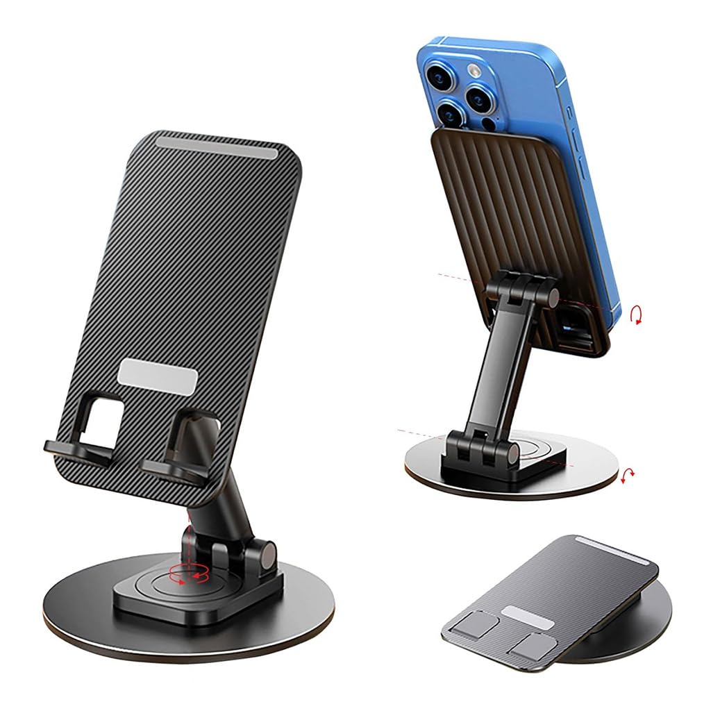 TECPHILE Mobile Stand for Desk, 360° Rotating & Adjustable Height & Angle Phone Stand, Sturdy Metal Body, Anti-Slip Base, Foldable Tabletop Phone Holder for All Smartphones, Tablet More (SnapMount)