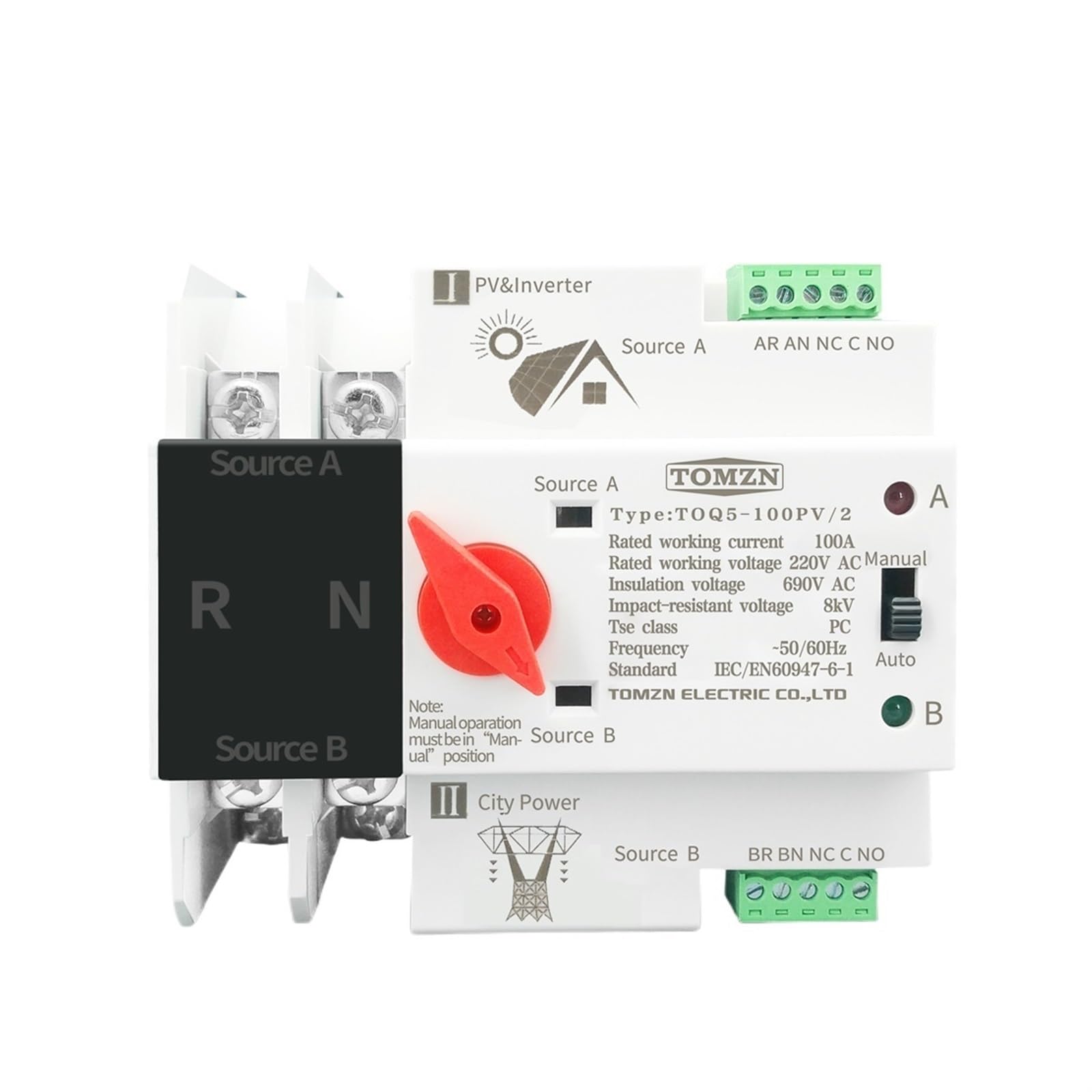 NVSFZGIYG Single Phase Din Rail ATS for PV and Inverter Dual Power Automatic Transfer Selector Switches Uninterrupted 2P 63A 100A 125A(100A)