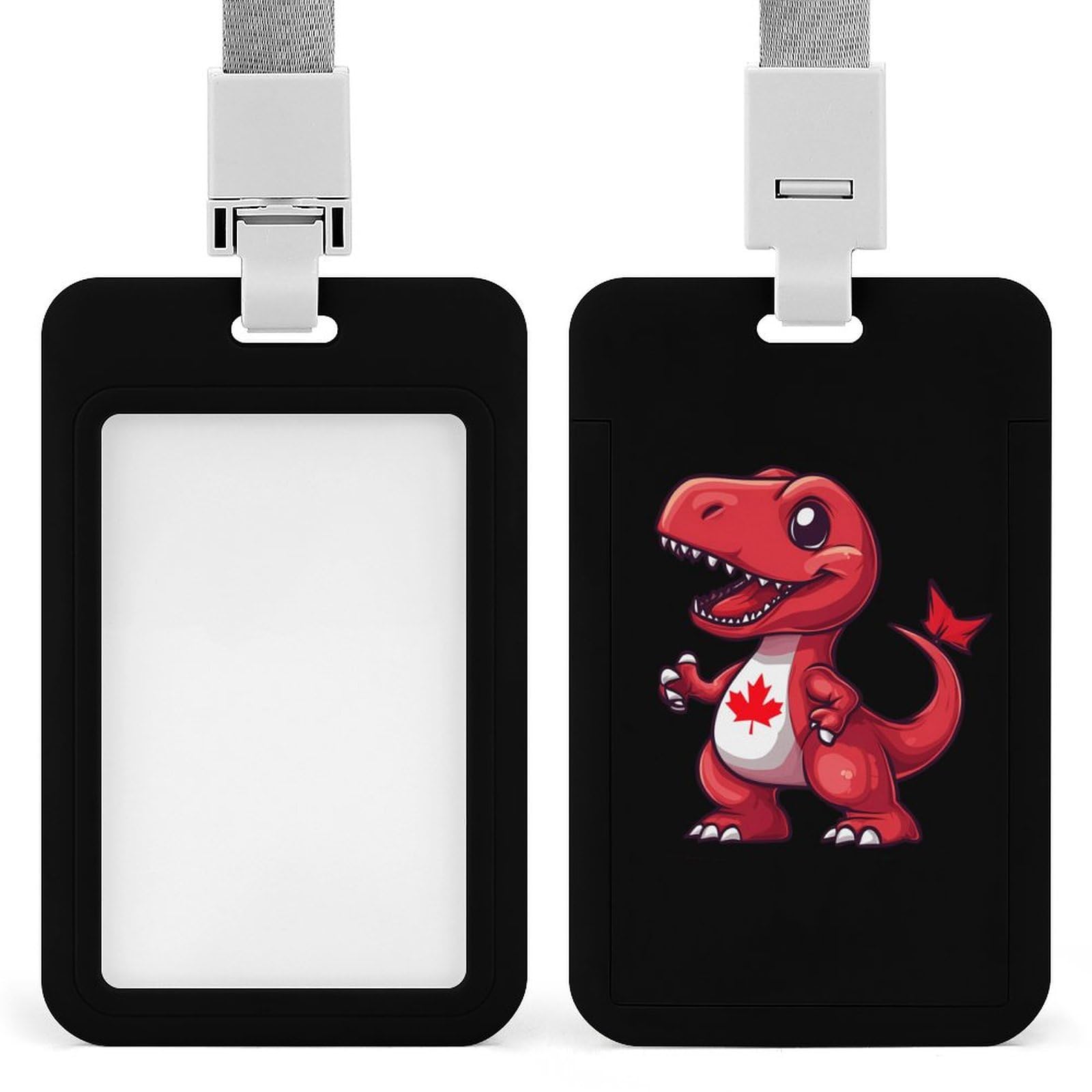 Red Dinosaur Canada Flag ID Badge Holder with Lanyard Vertical ID Card Holder for Travel Office Work