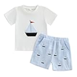 Toddler Baby Boy Summer Outfit Sailboat Embroidery Short Sleeve T Shirt Striped Shorts Set Infant Beach Clothes