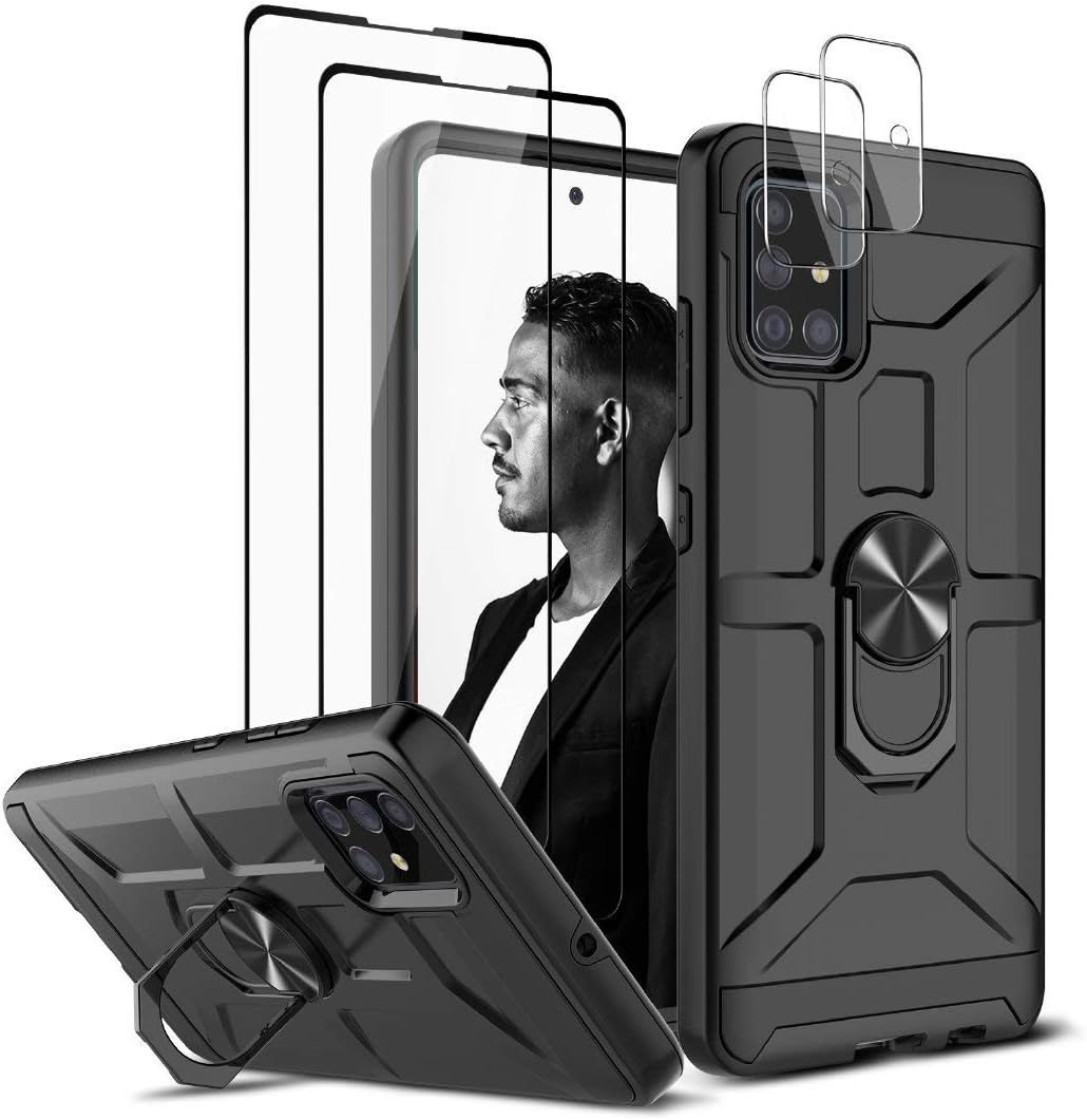 Jeylly for Galaxy A71 5G Case with [2 Pack] Tempered Glass Screen Protector + [2 Pack] Camera Protector, 360 Rotating Ring Kickstand Shockproof Defender Phone Case for Samsung Galaxy A71 5G, Black