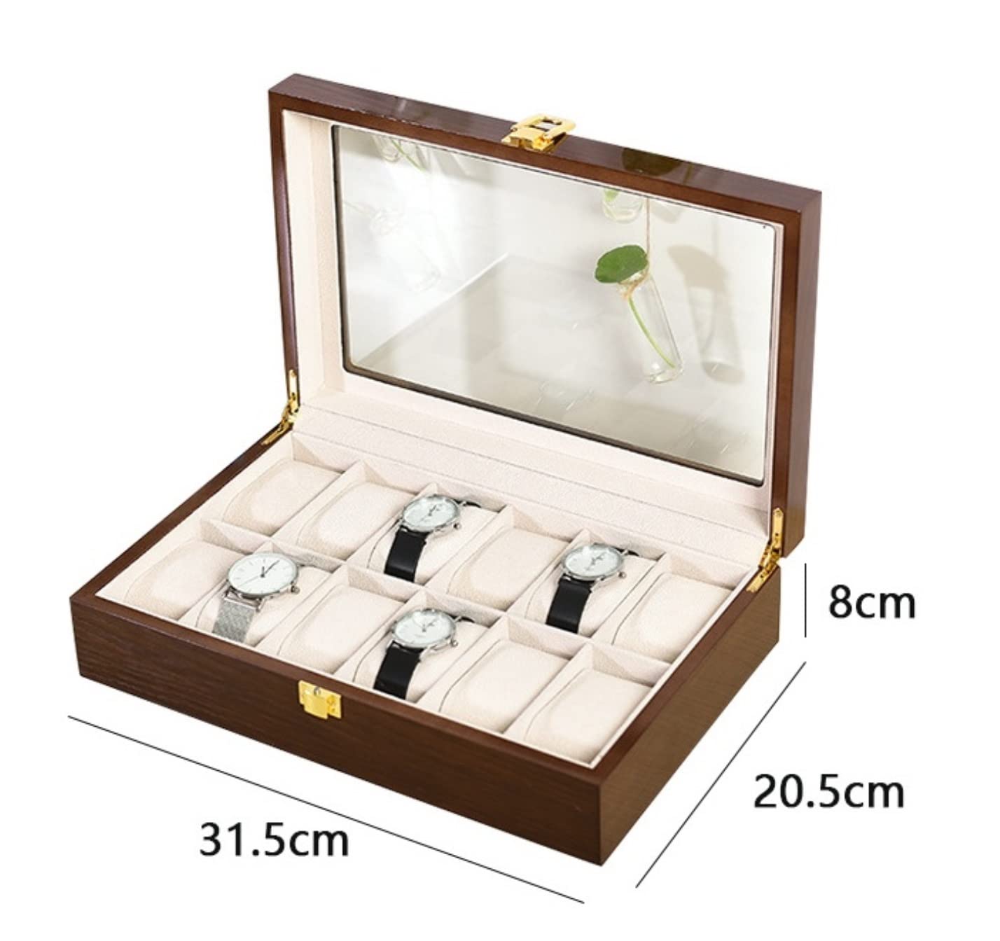 Scatola Orologi Vetrina per Gioielli con per Orologio da 10 Slot in Legno Moderno Lucchetto in Metallo Trasparente Portaorologi(31.5 * 20.5 * 8cm)