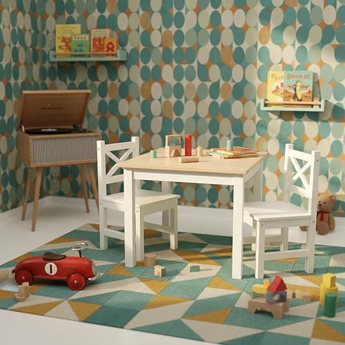 Miniatura 6 de PETIT BATEAU Juego de mesa y 2 sillas de madera maciza para niños pequeños, muebles de madera modernos con diseñador irlandés para 2 a 8 años, color