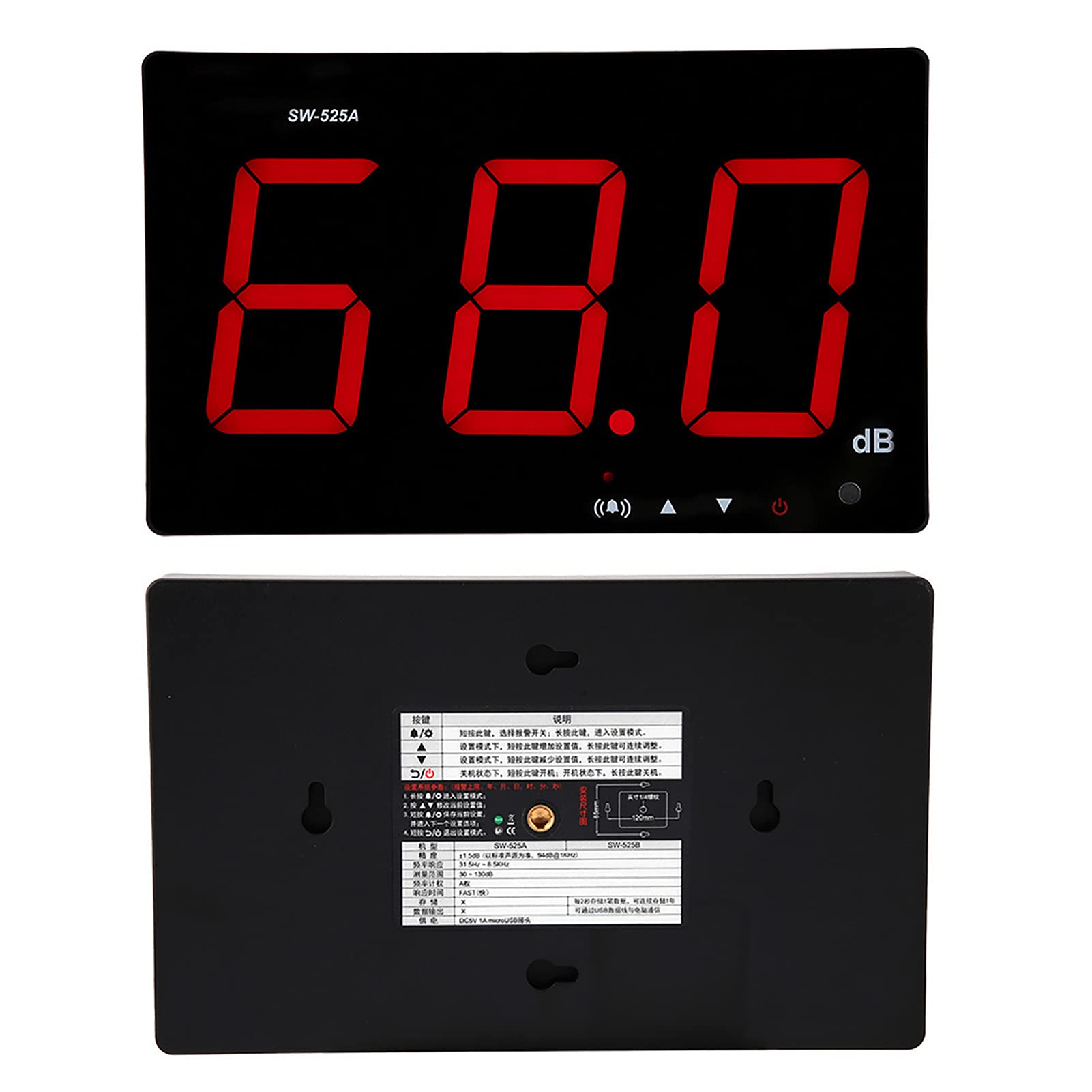 Tyenaza Medidor de Decibelios, SW-525A 30-130dB Medidor de Nivel de Sonido Montado en la Pared, Pantalla LED Grande, Alimentado por USB, para áreas Públicas Restaurantes Aulas Hospitales(210x130x30mm)