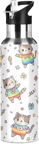 Miniatura 8 de Cute Cartoon Cats Rainbow Insulated Stainless Steel Water Bottle with Straw 20 Oz, BPA-Free Sports Water Bottle with Straw Leakproof Water Bottles