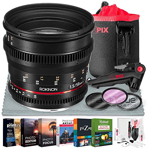 Rokinon 50mm T1.5 AS UMC Cine DS Lens for Canon EF Mount + Xpix Medium Neoprene Pouch Bag, Xpix Shoulder Strap, Glass Filter Kit, Professional Photo Editing Software & Xpix Deluxe Cleaning Accessories