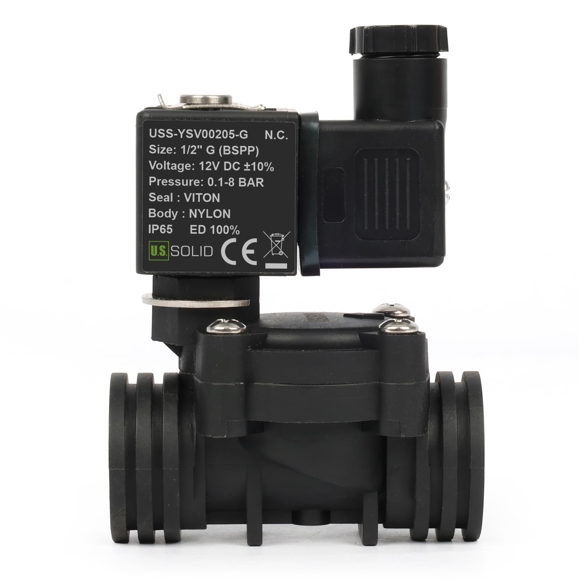 U.S. Solid Électrovanne plastique (nylon) 1/2" G - 12 V DC, 0,1-8 bar, normalement fermé, joint VITON pour eau, air