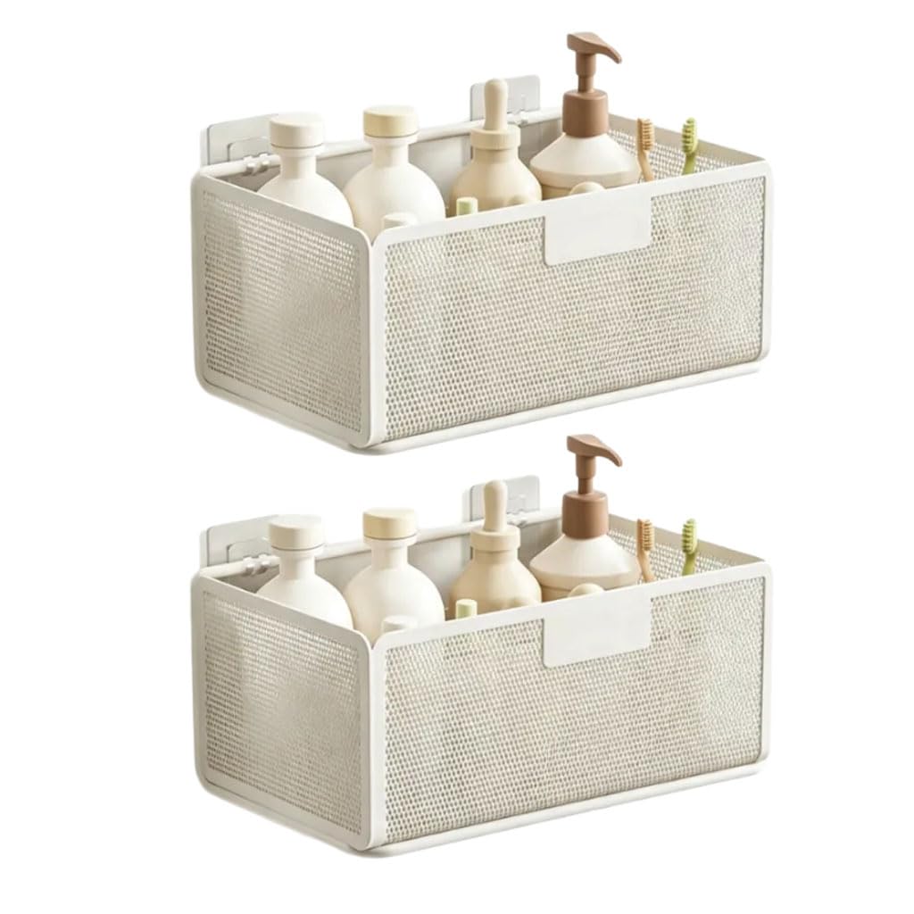 Duschablage Ohne Bohren 2er Set, Metall Wandregal Aufbewahrungskorb, Badezimmer Organizer für Kosmetik, Shampoo Halterung für Dusche,Cremeweiß,36cm