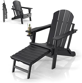 VINGLI Folding Adirondack Chair with Ottoman, Waterproof Plastic HDPE Firepit Chair for Outside with Hidden Footrests, Foldable Ergonomics Seating for Patio Porch Yard Garden(Black)