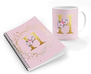 Stylizedd Designer Printed Coffee Mug + A5 Spiral Notebook Memo Notepad Journal Personalised Combo Gift Set - Custom Monogram Initial Letter Floral Pattern Alphabet - H (Pink)
