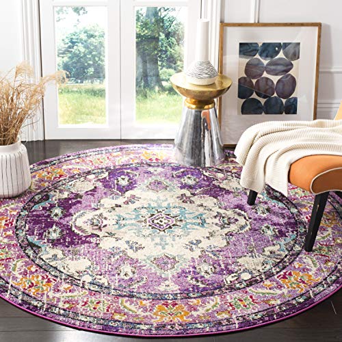 Safavieh Monaco Collection MNC243L Bohemian Chic Medallion Distressed Area Rug, 6' 7" Round, Violet/Light Blue