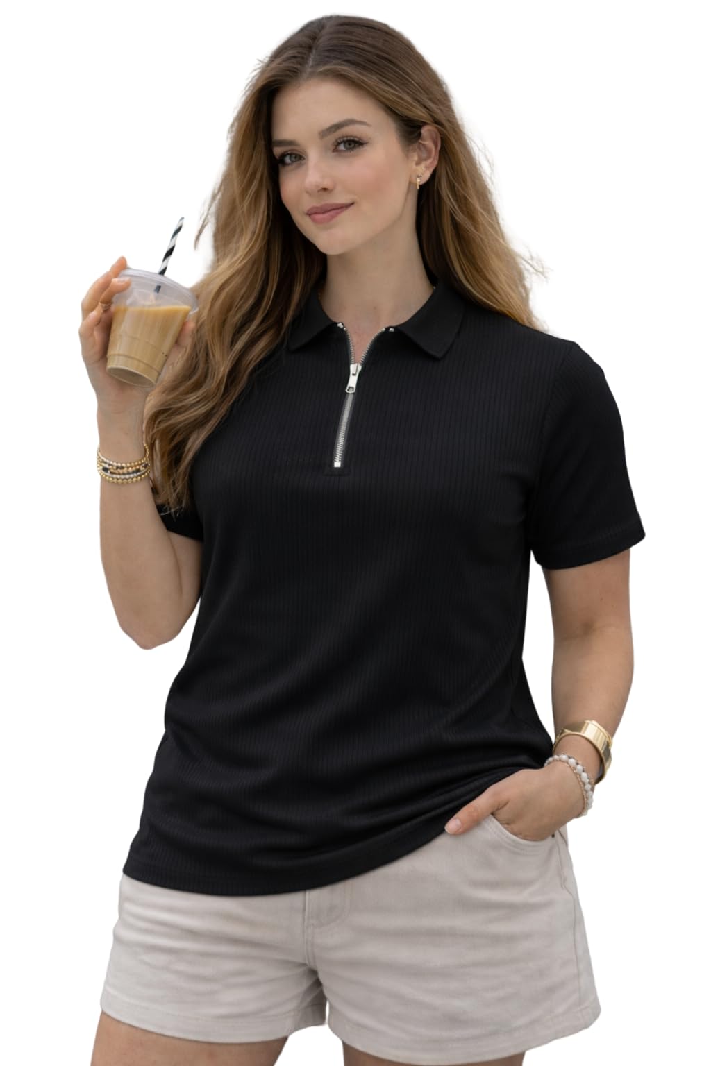 mack jonney Women Ribbed Polo T-Shirt | Regular Fit | Half Sleeve | Zip Collar Casual T-Shirt-MJ-94-picture-43