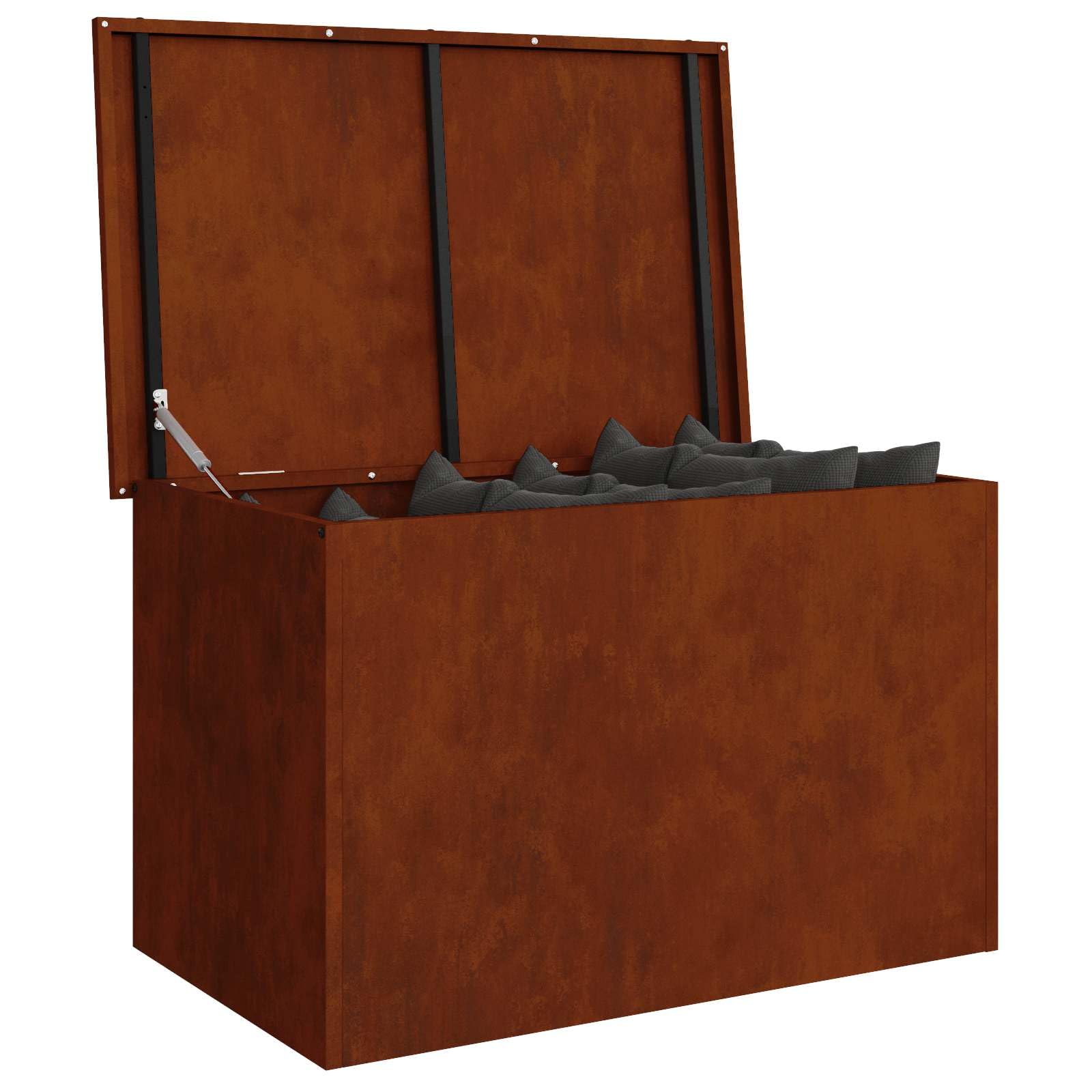 Contenitore per esterni in acciaio arrugginito, 80 x 50,5 x 50 cm, con coperchio sollevatore a gas, resistente alle intemperie, per giardino, terrazza, esterno, salvaspazio e durevole