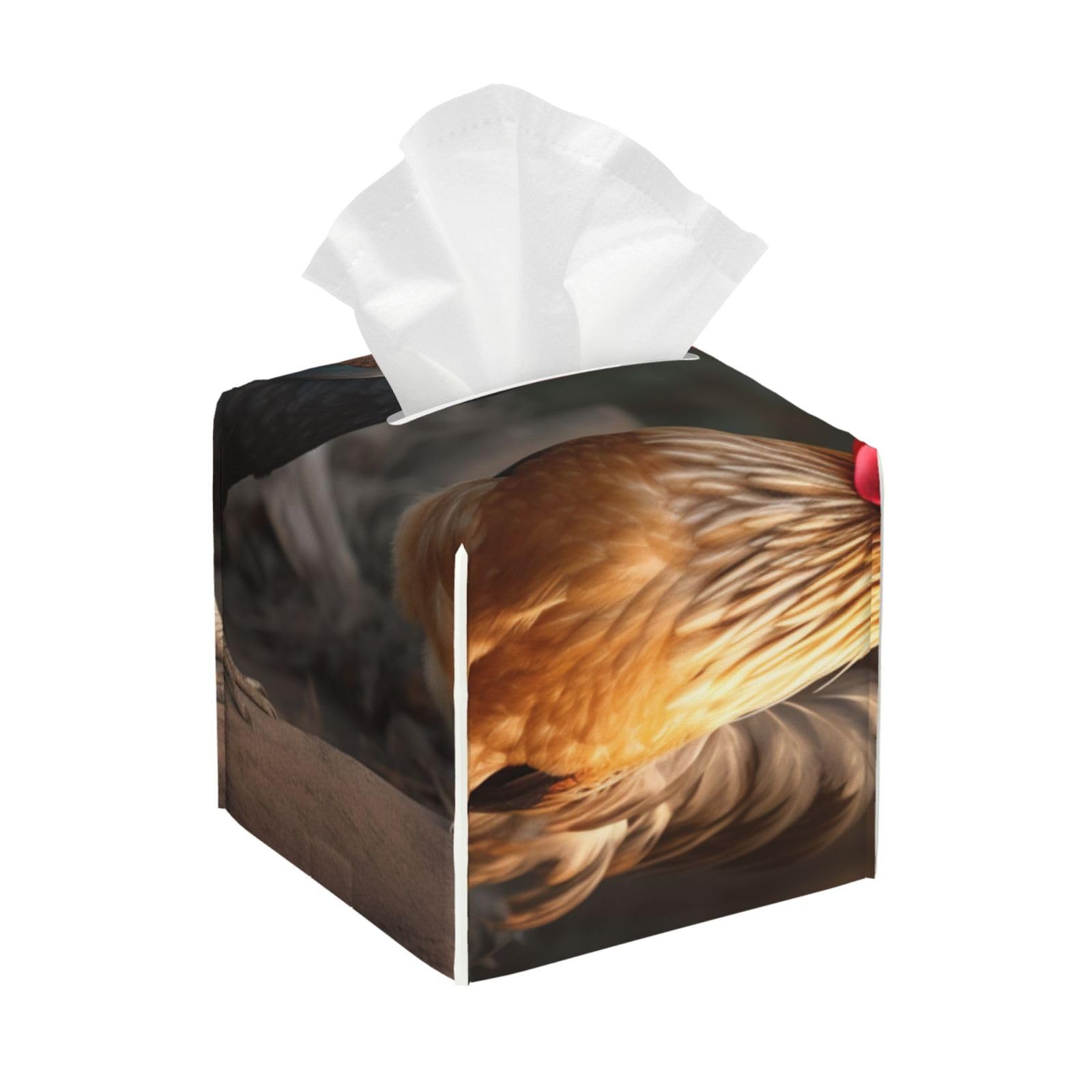 Pu Leather Cube Tissue Box Holders Modern Waterproof Square Tissue Box Cover Rooster and Chicken Facial Paper Holder for Bathroom Kitchen Nightstand Office Home Decor