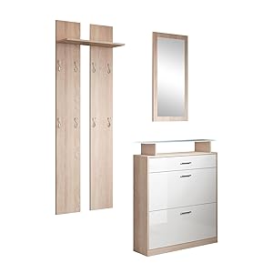 MB Muebles Bonitos, Conjunto Recibidor Paola Set con Zapatero, Espejo, Perchero, Luz LED, Diseño Moderno, Melamina Brillo y Mate, Color Sonoma y Blanco