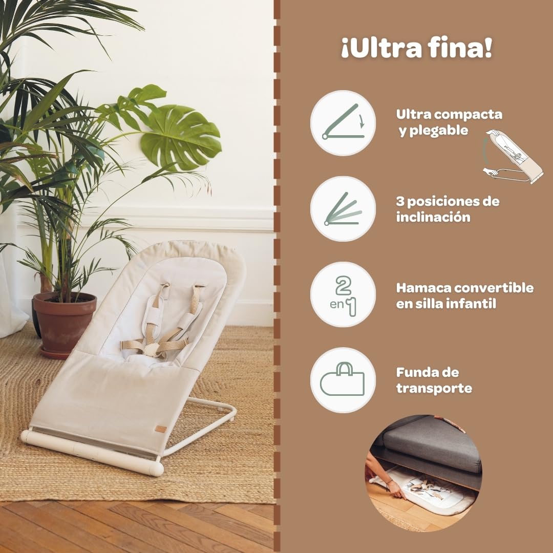 BÉABA, Hamaca Plegable, 3 Reclinables en 1 Botón, Ultra Compacta y Delgada, Arnés de 5 Puntos, Sistema de Plegado Patentado, 100% Algodón, Hasta 15kg, Funda de Transporte Incluida, Eazy Relax - Gris