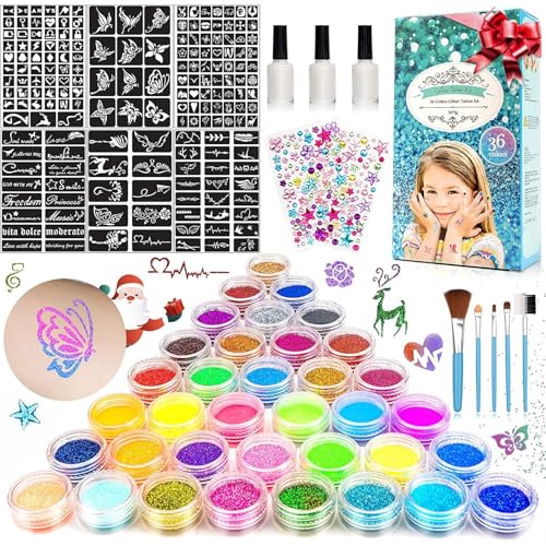 Glitzer Tattoo Set Kinder Temporäre Glitzertattoos Kinder Set - Glitzer Bastelset Mädchen 4 6 8 10 12 Jahre mit 36 Farben 182 Schablonen 215 Strasssteine Basteln Geschenke für Geburtstag Partys