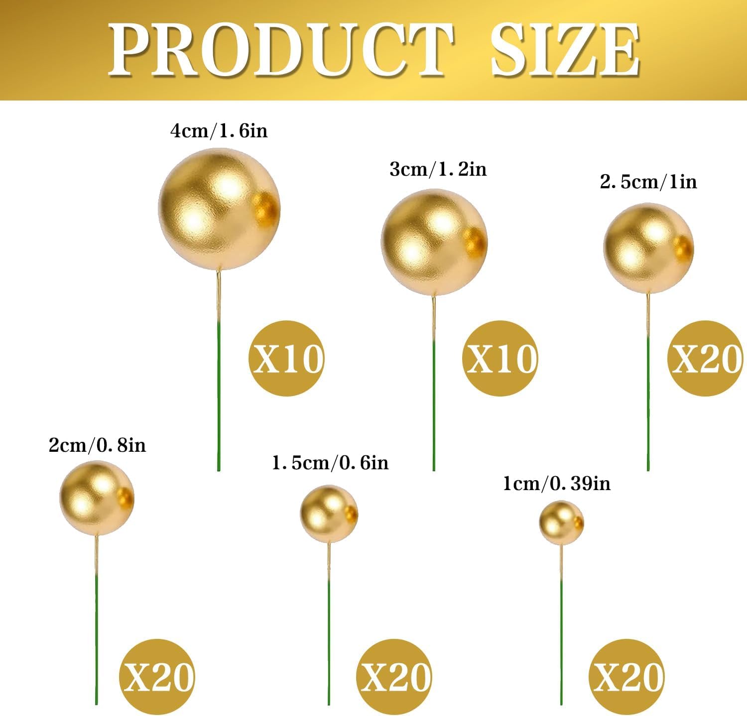 100-Piece Assorted Gold Cake Decorations - Metallic Foam Balls for Elegant Dessert Toppers Party Themes, and DIY Craft Projects - Image 2