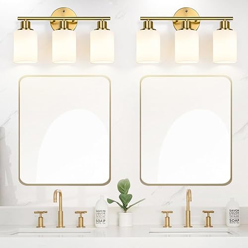 Miniatura 83 de Lámpara de baño de 3 luces doradas, moderna lámpara de tocador de baño con pantalla de vidrio transparente, luces de montaje en pared de baño de oro