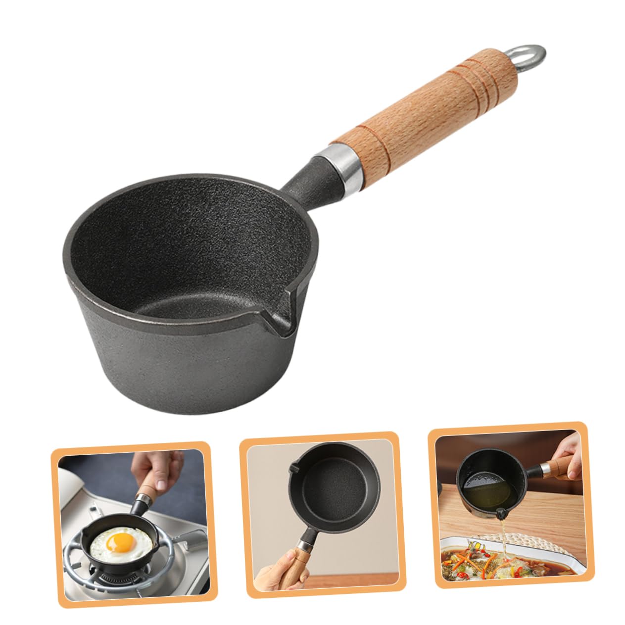 HANABASS Iron Portable Pan Wood Handle Cooking Frying Pan Portable Coated Melting Pot Pot Spout Saucepan Handle