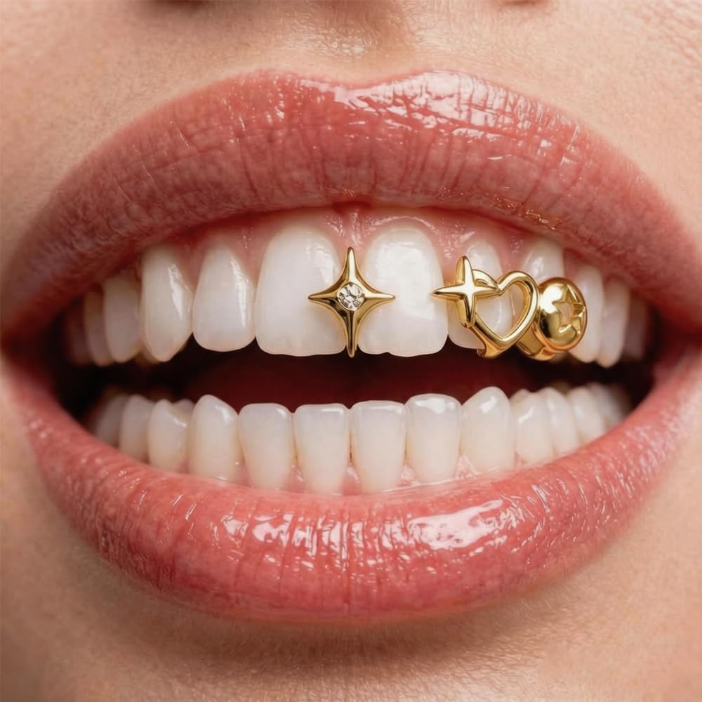 Gold Grills for Your Teeth Grillz for Women Rhinestone Heart Star Tooth Cap Grillz,Punk Hip Hop Rapper Grillz Tooth Halloween Jewelry