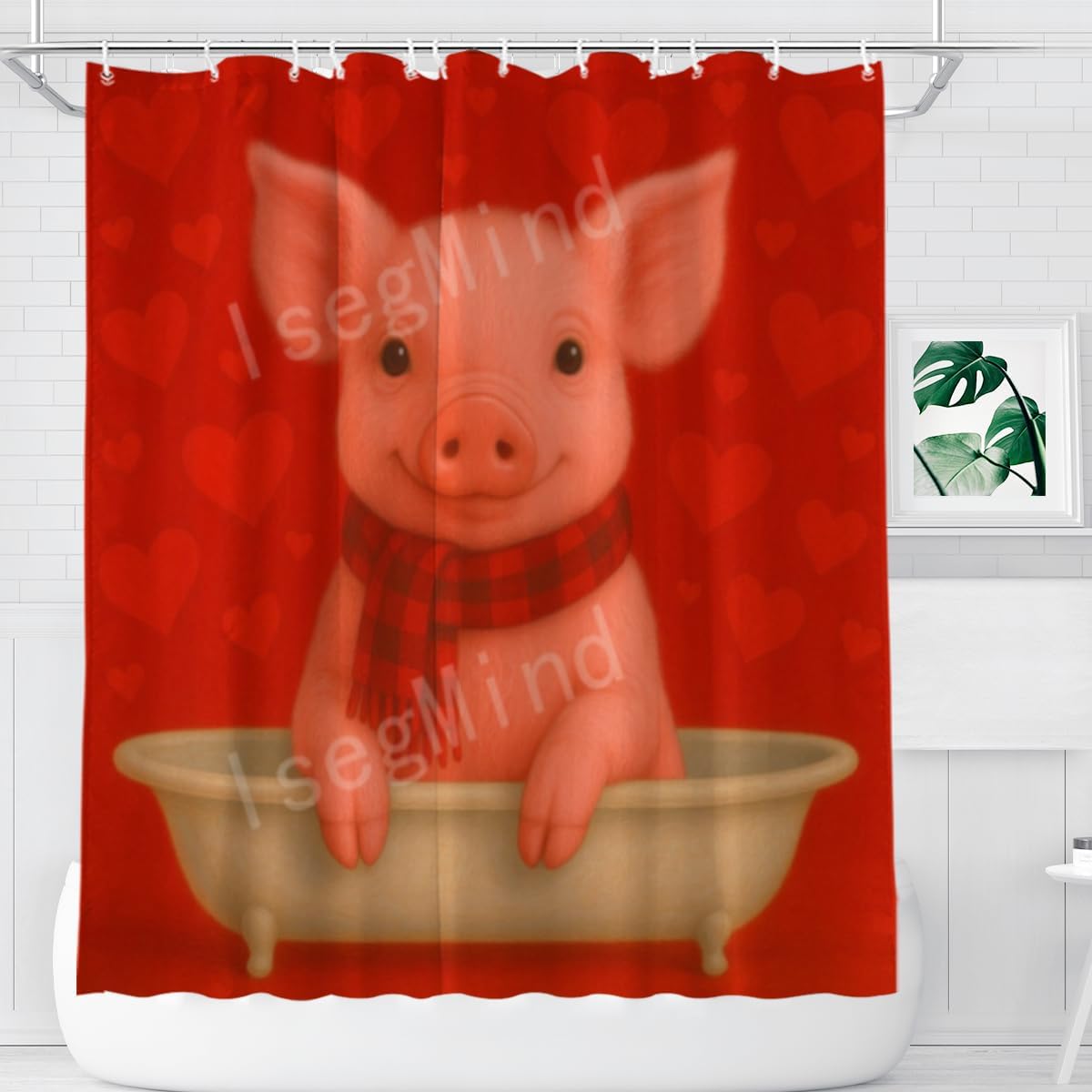 Valentines Day 72x72 Inch Shower Curtain Cute Pig in Bathtub with Scarf and Hearts Romantic Funny Sweet Holiday Fabric Bathroom Decor Set with 12 Hooks