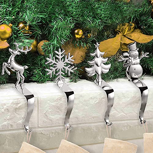 ElegantPark Stocking Holders for Mantle Set of 4 Silver Christmas Stocking Holder Non-Slip Stocking Hanger Fireplace Xmas Stocking Hooks for Christmas Party Decoration