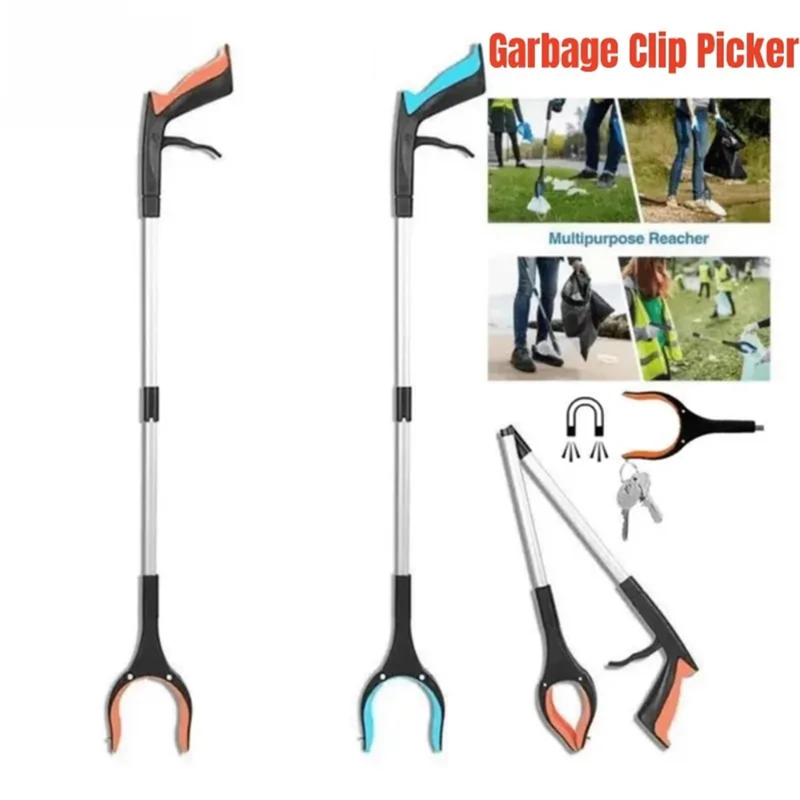 Recogedor de Basura 2 Piezas con Abrazadera giratoria 360 ​​Grados, recogedor Ligero y Resistente for Personas Mayores, Herramienta Recogida 32 Pulgadas para Jardín(Blue)