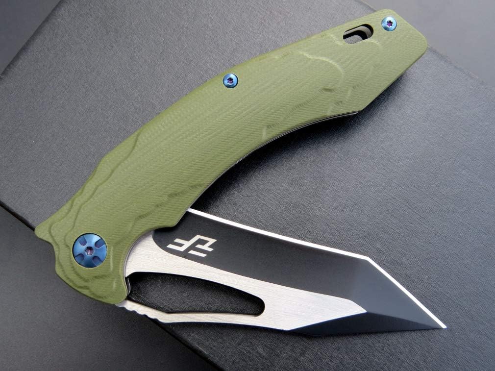 Eafengrow EF915 Folding Knife D2 Steel Blade with Black-Oxide Coating; G10 Handle with Ball Bearing Safe Open Flipper Knife, Locking Liner and Pocketclip for Camping Work (Green)
