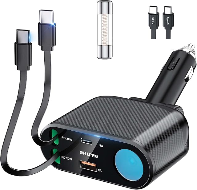 OHLPRO 5 in 1 Retractable Car Charger, 168W Cigarette Lighter Adapter, Fast Car Phone Charger Built-in Replaceable Fuse, Socket Splitter with Dual USB C Ports, Fit for Phone, iPad, Galaxy, GPS
