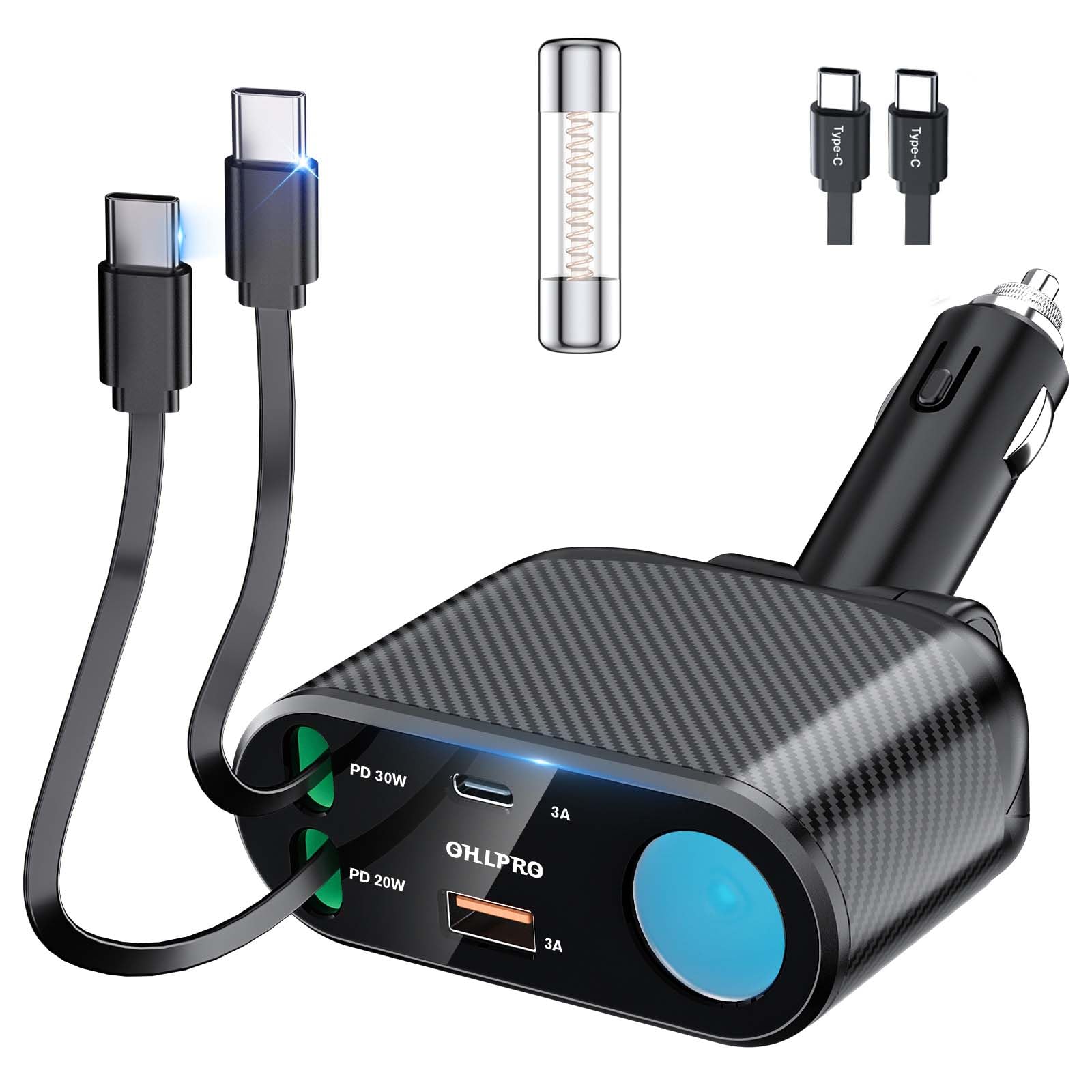 OHLPRO Retractable Car Charger Cigarette Lighter Adapter, 168W 5 in 1 Fast Phone Charging Built-in Replaceable Fuse, Socket Splitter with Dual USB-C