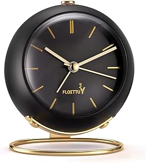 Silent Table Analog Alarm Clock No Ticking, Lighted on Demand and Battery Operated, Beep Sounds, Small Desk Clock(Shiny Black)