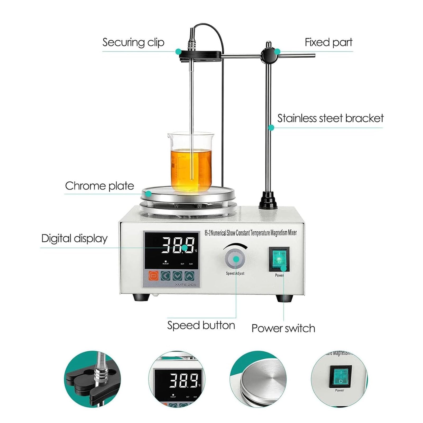 Mezclador magnético con pantalla digital de temperatura, 0-2400 RPM, capacidad de 1000 ml, placa de calefacción de acero inoxidable, calentamiento constante de hasta 99 °C, motor de 25 W CC
