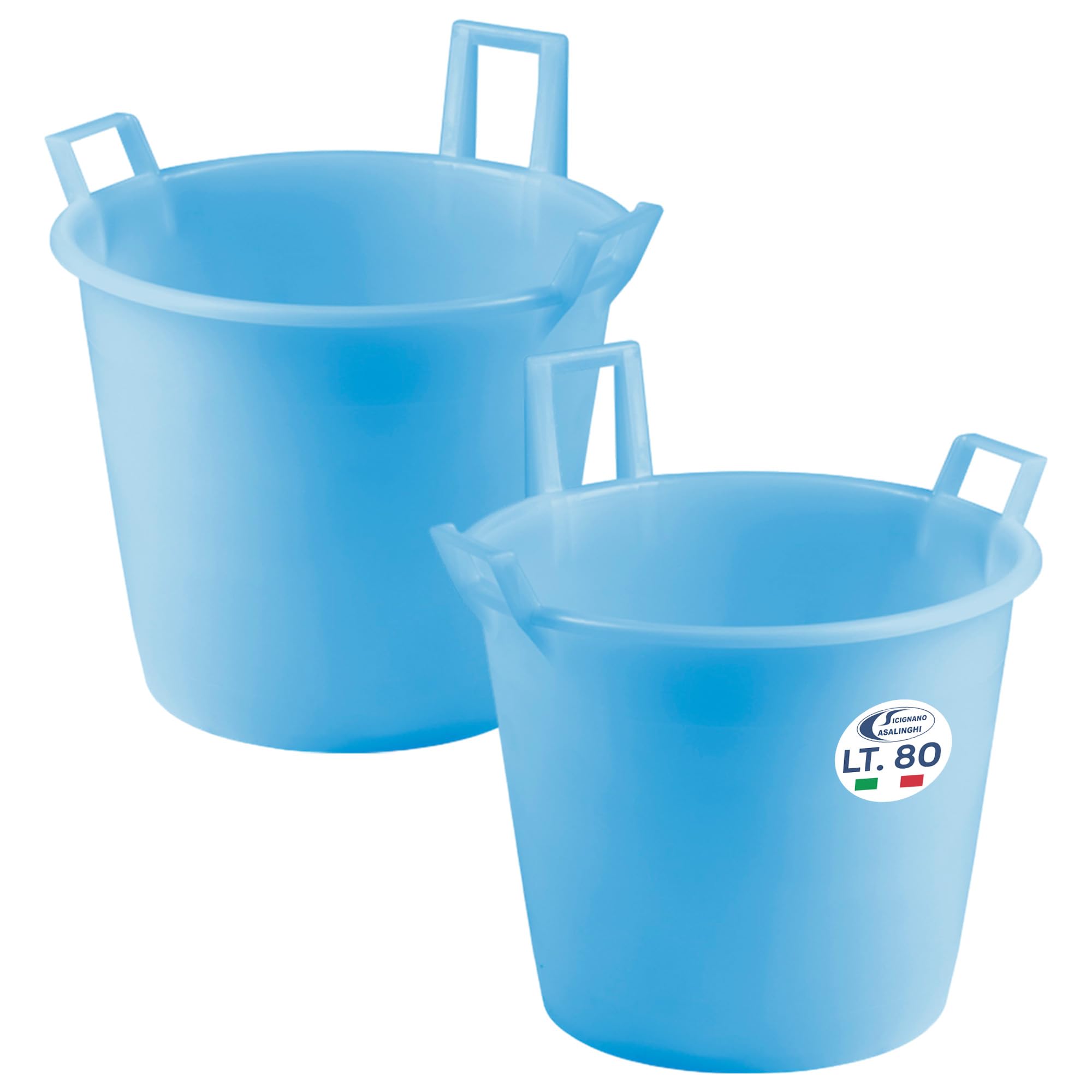 Sicignano | Juego de 2 cestos de polietileno con 3 asas – Multiusos para recogida, transporte, limpieza, jardinería, uso alimentario – Resistente, espacioso, ligero (azul, diámetro 60 x 42 cm)