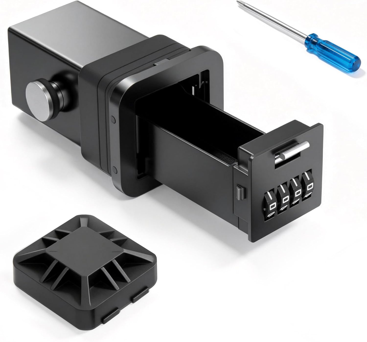 Hitch Receiver Safe Key Lock Box for 2-Inch Trailer Hitches - Heavy-Duty Metal Hidden Storage Vault with 4-Digit Combination & Weather Cover - Secure Car Fob Storage for Surfing, Camping & Trucks