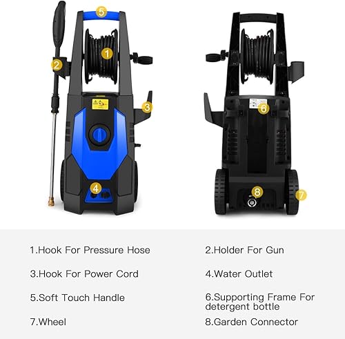 Miniatura 6 de Homdox Lavadora a presión HD3500 3.1GPM Lavadora eléctrica a presión de 1800 W con 5 boquillas, cepillo, botella de jabón, arandela de diseño IPX5,