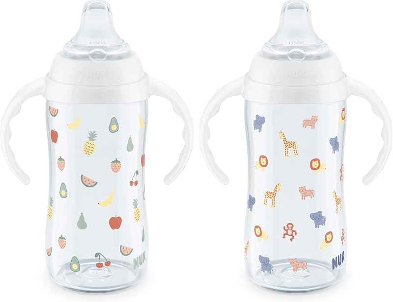 NUK Learner Cup, 8+ Months, Fun Fruits and Animals, Amazon Exclusive Collection, 10 Oz, Pack of 2, BPA-Free, Soft Spout, Spill Proof Sippy Cup