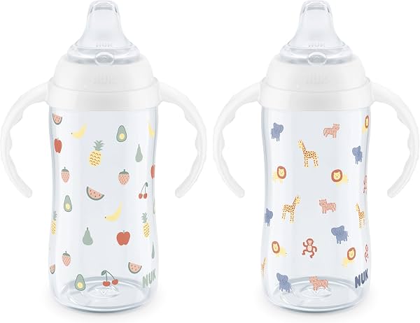 Vaso de aprendizaje NUK, +8 meses, divertidos animales y frutas, Colección Exclusiva Amazon, 10 oz, paquete de 2, libre de BPA, boquilla suave, vaso antiderrame