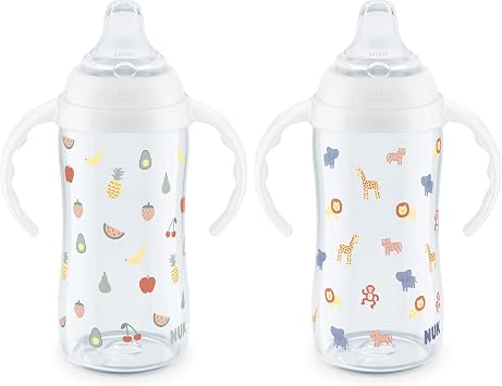 NUK Learner Cup, 8+ Months, Fun Fruits and Animals, Collection, 10 Oz, Pack of 2, BPA-Free, Soft Spout, Spill Proof Sippy Cup